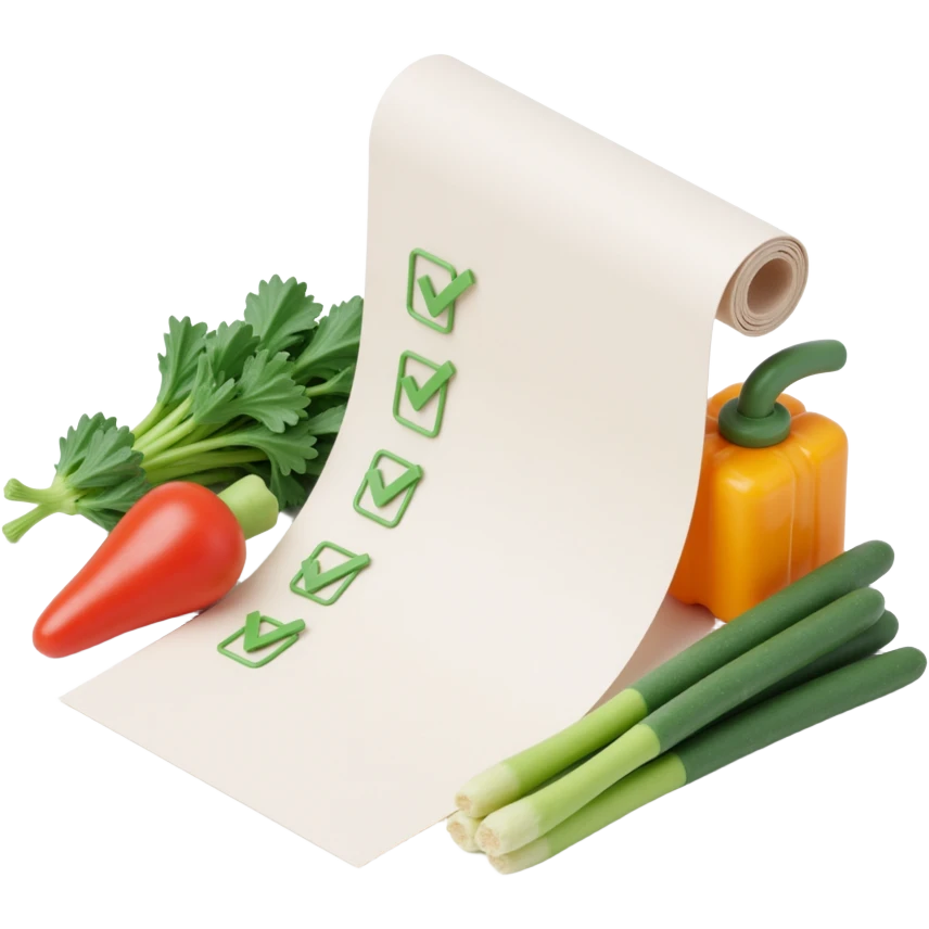 floating rolled paper list with green checkboxes and around vegetables emoji