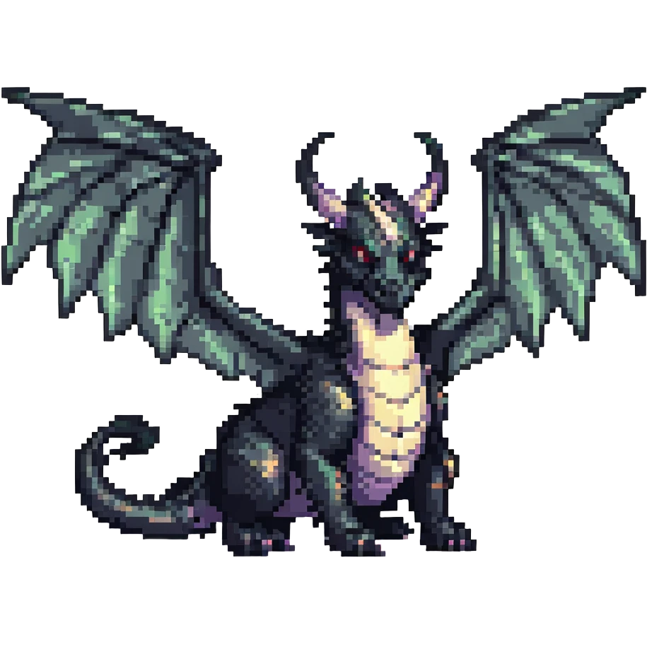 black dragon, big wings, two medium horns, pixel art style emoji