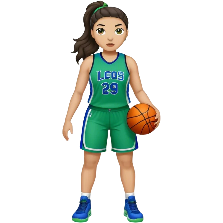 full body plus size light skin latino women basketball player with wavy dark hair in pony tail wide nose wearing blue green  uniform emoji