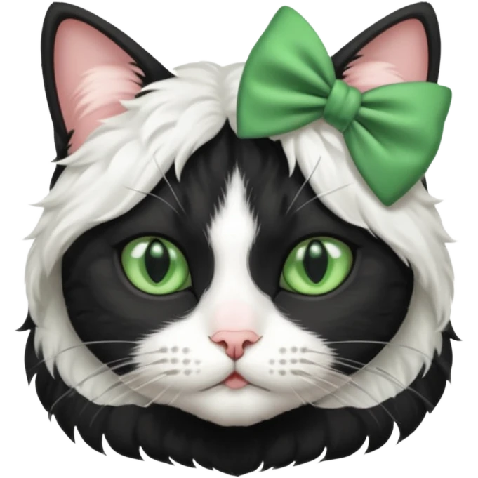 A black and white cat with green eyes she has a bow on her head she’s kinda fluffy  emoji