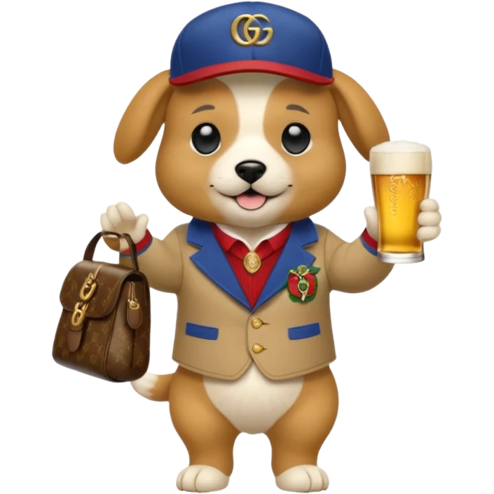 Ein Hund der talahon ist und Bier trinkt mit gucci cap und gucci Tasche  emoji