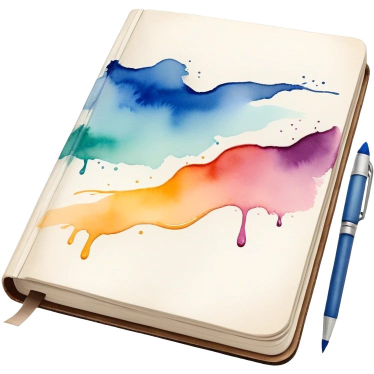 Cinematic Realistic image of an open sketchbook accompanied by a set of translucent watercolors, with delicate pigment stains and soft, flowing brushstrokes, captured under gentle, diffused lighting that highlights creative fluidity emoji