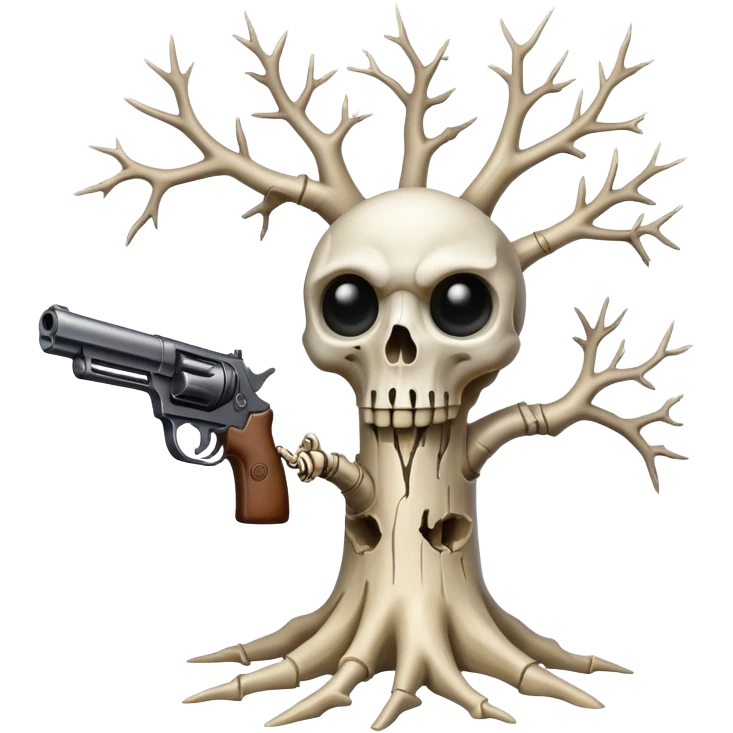 a tree made of bones with eyes holding a gun emoji