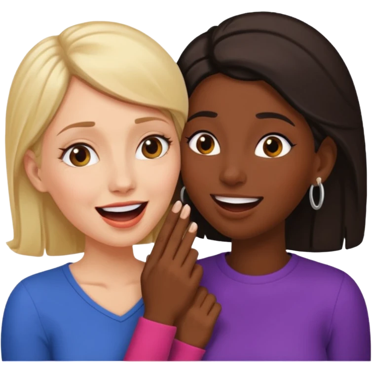 Devious cheerful white woman whispers in surprised embarrassed black woman's ear. emoji