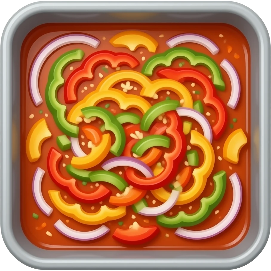 I want an emoji that represents oven dishes, healthy meals cooked in a baking tray, for example fajita vegetables (paprika etc), not view from above but sideways, a little bit more elegant please and the baking tray flat and squared please without dough, sideway view please emoji