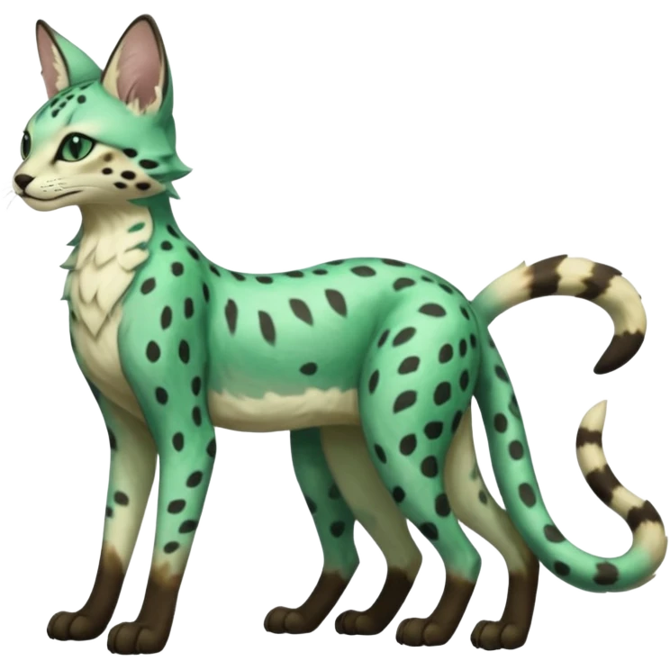Epic complex detailed dark-emerald-green dark-brown beige pastel realistic aesthetic-scenic-Fakémon-Sprigatito-Floragato-Meowscarada-Trico-Sergal-Serval-Vernid-creature (full body) emoji