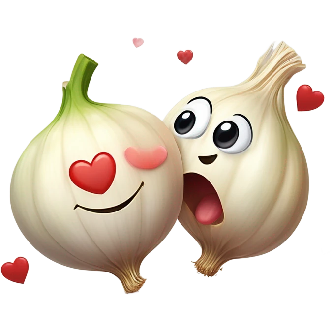 emoji of a cute garlic clove and a smiling onion looking at each other with love. They have big, adorable eyes and rosy cheeks. Small red hearts float around them, and they appear to be blushing, creating a romantic and funny atmosphere. emoji