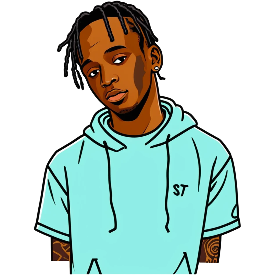 2021 Travis Scott celebrity and rapper, hperrealistic, mirco-detailed, vivid, bold colo=s, 3D sticker design
 Must be 8k hd, 8000x8000px resolution. Must use very thin transparent smooth lines emoji