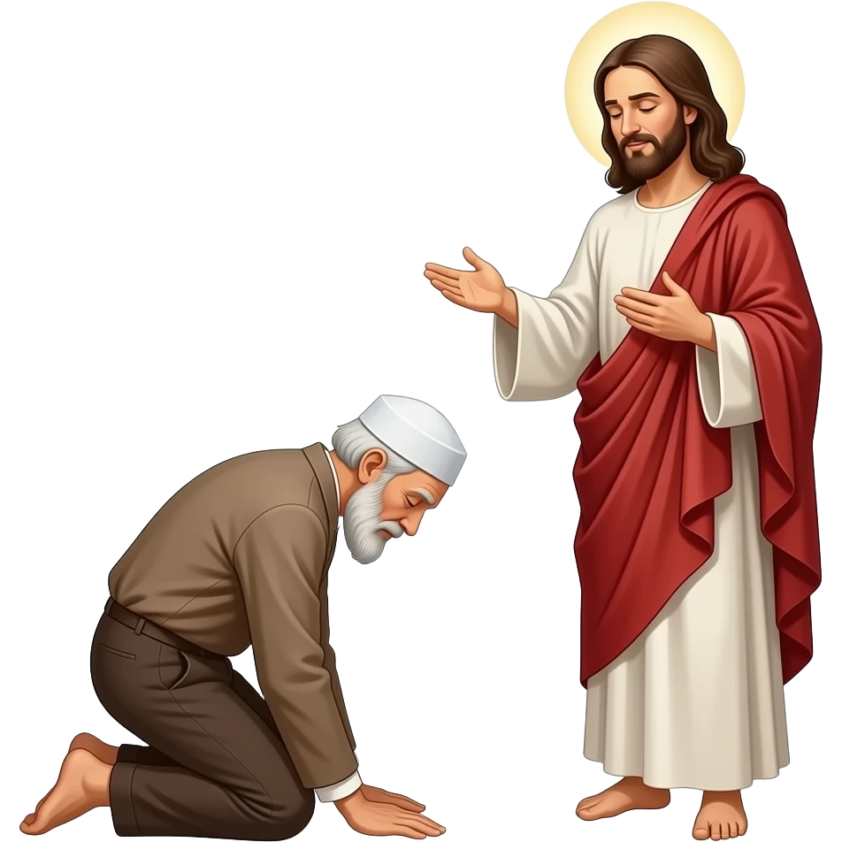 пожилой мужчина мусульманин упав на колени лицом вниз   перед Иисусом, который стоит перед ним emoji