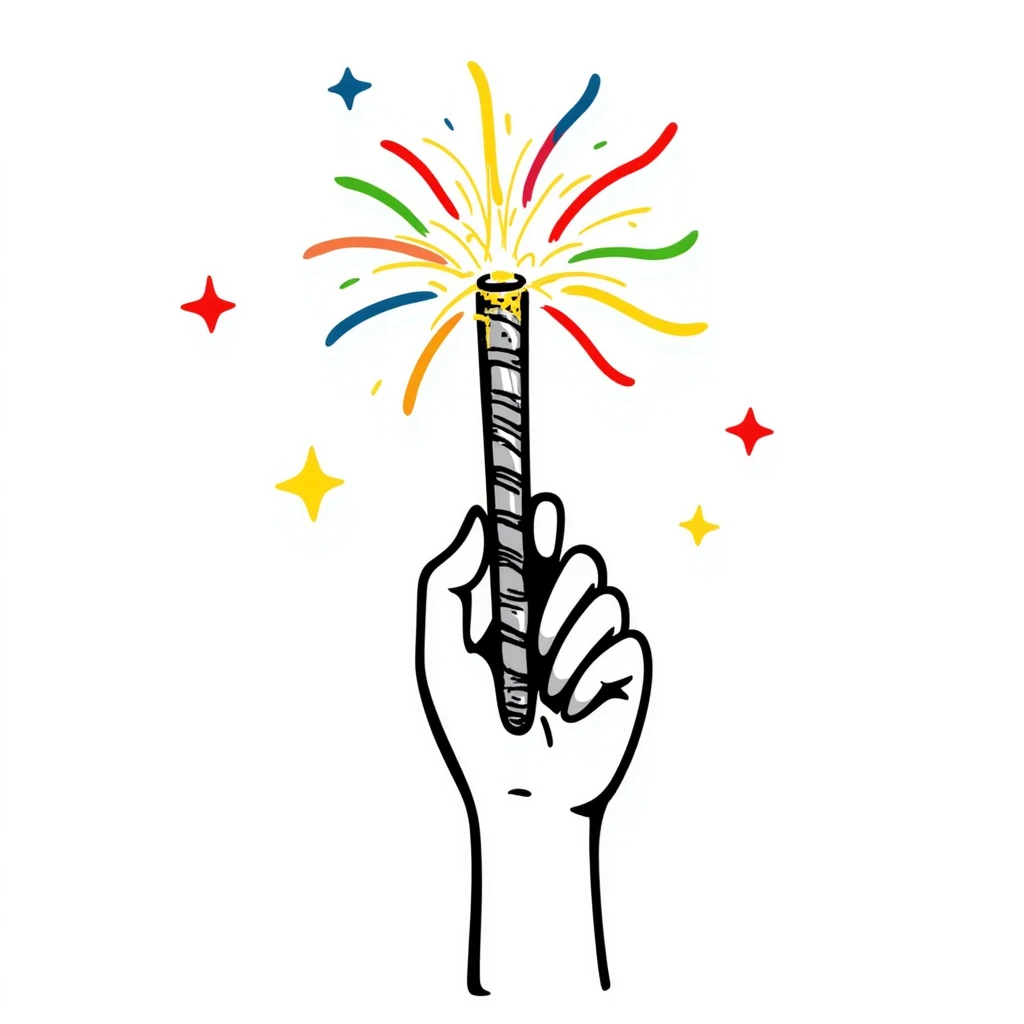 hand holding a magical wand with colorful glowing light around it emoji