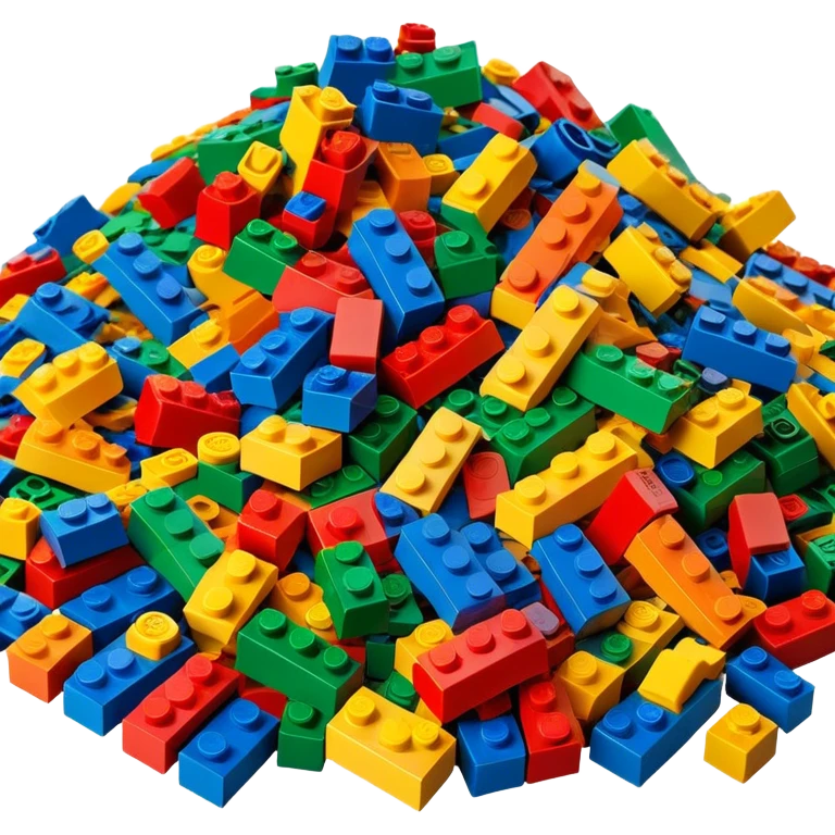 A photorealistic icon featuring a pile of colorful LEGO bricks scattered together in a messy heap. The design includes bright, detailed textures of the individual bricks, capturing the playful and creative essence of LEGO building. Transparent background, symbolizing LEGO construction. emoji