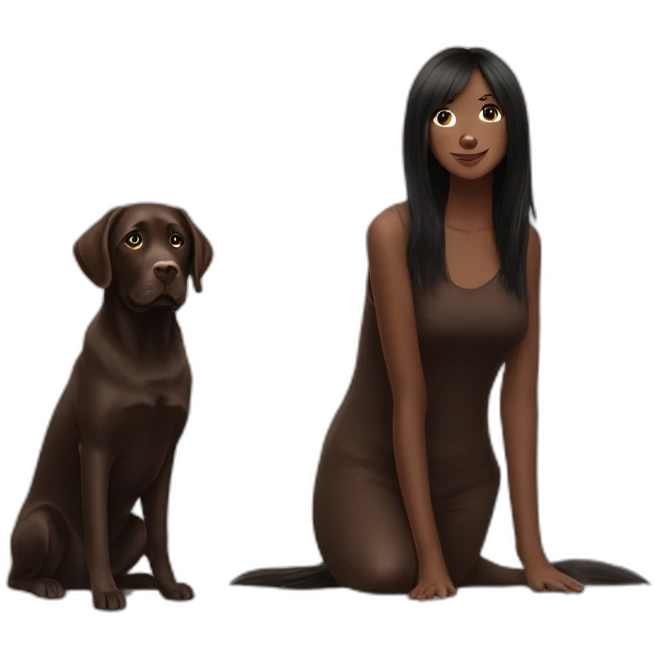 Chocolate labrador playing with long black haired fringe woman emoji