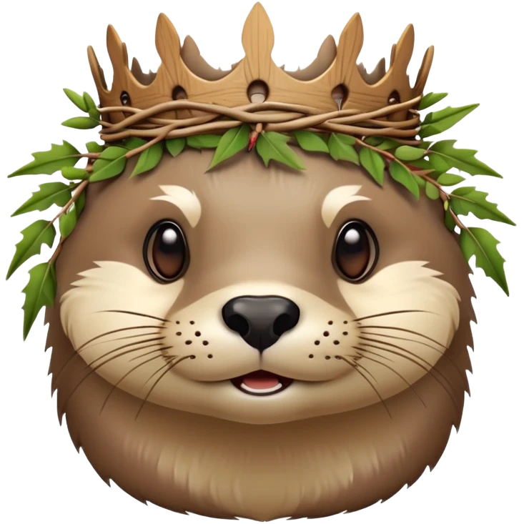 cute confused otter face with natural twisted thorny bramble branches wrapped around head, wooden Crown of thorns emoji