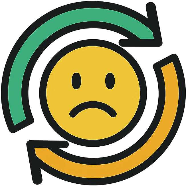 turnover arrows forming a circle with a frowning face in the center, professional style, green gold and white color scheme, bold and clear, suitable for digital use, no background emoji