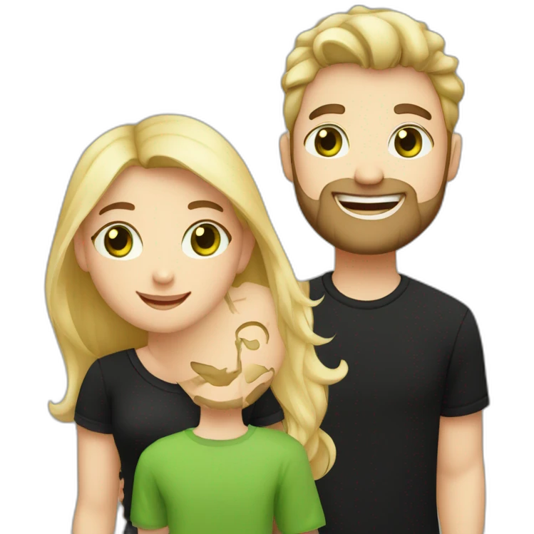 A happy couple, blond chubby girl with blue eyes and black haired and bearded man with green eyes. The man wears a black t-shirt emoji