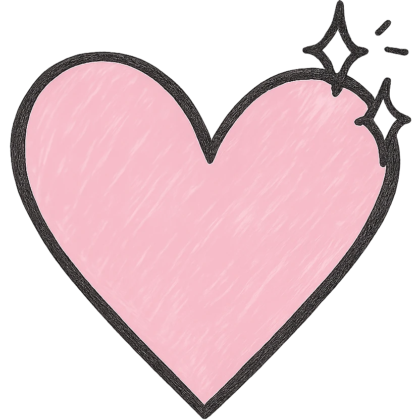 Add a sparkle effect to the pink hand drawn heart, keep the black outline style, with a clean white background. emoji