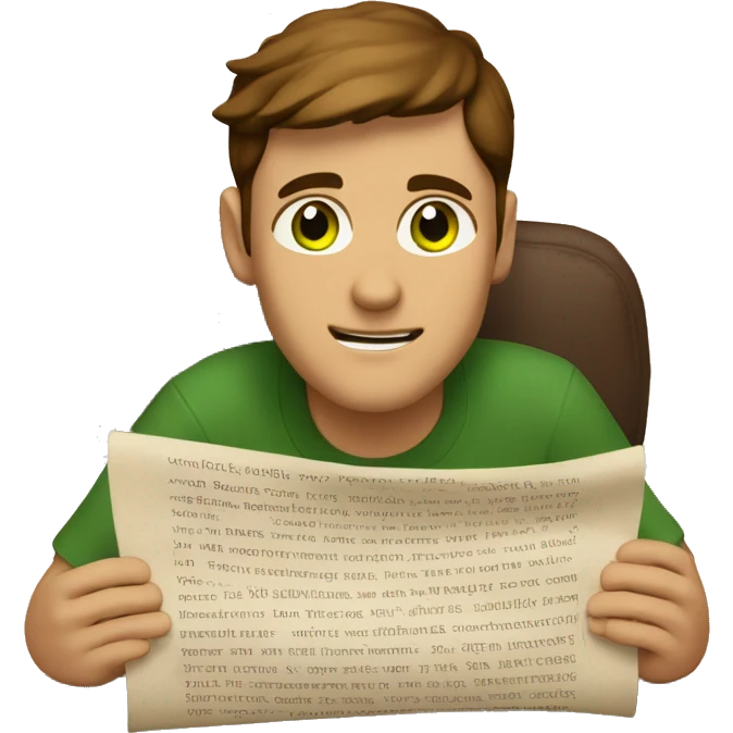 a light-skinned green-eyed man with brown hair sitting in front of the paper scroll  emoji