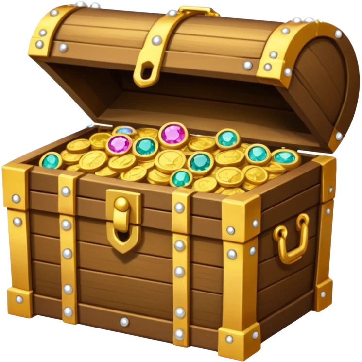 A treasure chest is slightly open and peeking out from inside are treasures: colored diamonds, gold necklaces, pearls, and gold coins. emoji