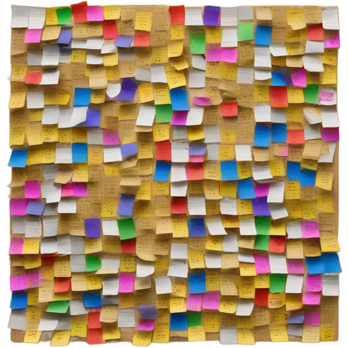 cork board with many small pieces of paper emoji