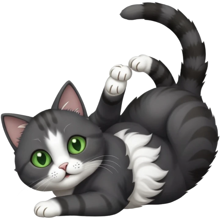 dark grey cat with green eyes, white toes/paws and white patch on her chest playfully rolling upside down emoji