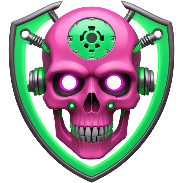 Cyberpunk shield, skull with cybernetic implants, glowing wires, dark electric pink and green tones, no background emoji