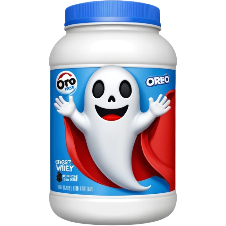 “Front-facing Ghost whey protein powder bottle, tall white plastic tub with wide shoulders and bold red lid. Blue and black Oreo-inspired label with the white GHOST logo and small ghost mascot. Clean studio lighting, soft shadow, realistic emoji-style product, centered on white background.” emoji