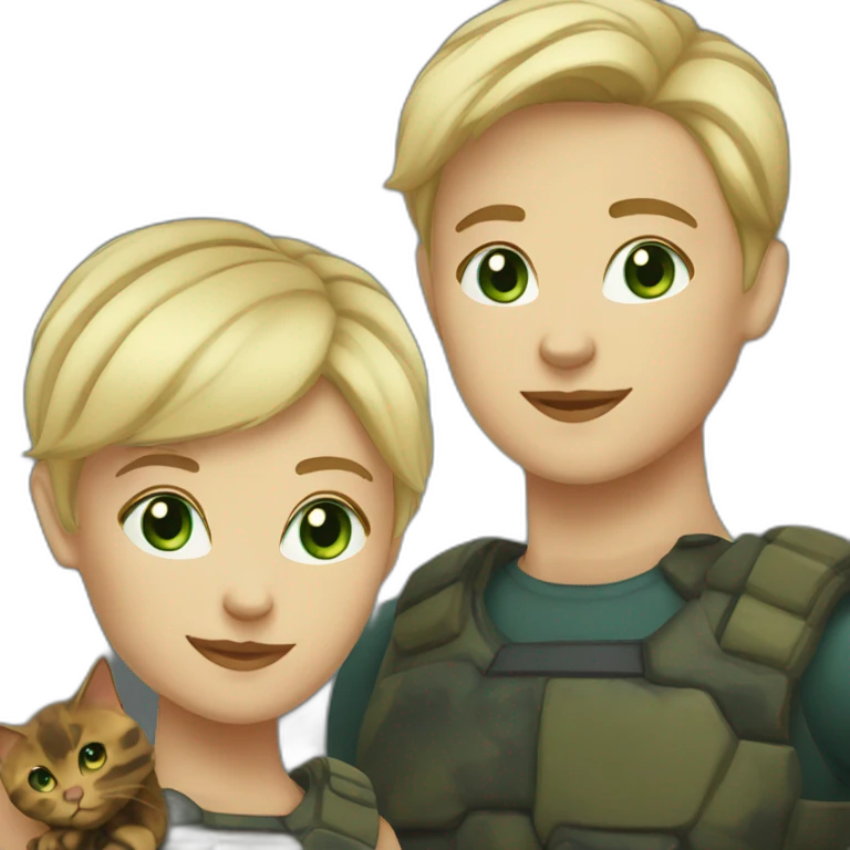 Blonde with short hair blue green eyes with a dark tortoise shell cat emoji