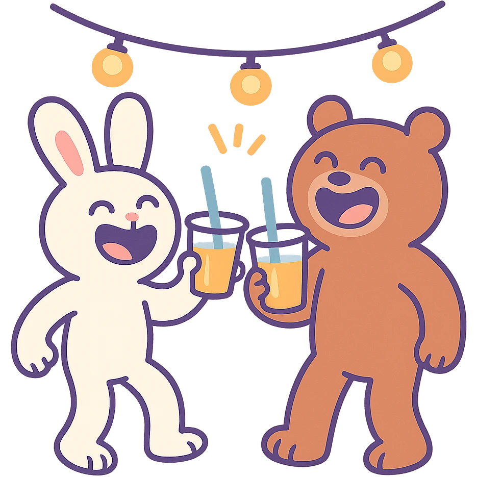 full-body bunny and bear with laughing faces clinking juice cups under string lights, pastel-toon style emoji