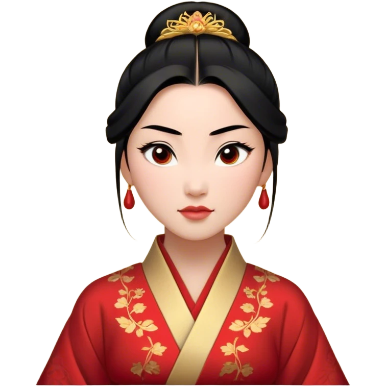 Cinematic Realistic Majestic Mulan Portrait, featuring finely rendered light skin with natural luminescence and expressive, determined eyes. Her black hair is styled with care into an elegant bun, and every fold of her traditional robe—adorned with subtle red motifs and refined gold trim—is depicted with intricate fabric detail. The scene is bathed in soft, natural light that enhances the depth and authenticity of the image, conveying a noble and serene aura that embodies timeless elegance and inner fortitude. emoji