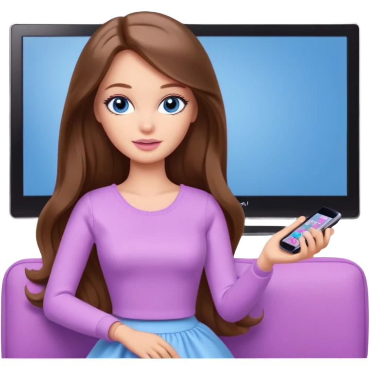 beautiful barbie girl with long brown hair, blue eyes and wearing light purple clothes watching tv shows emoji