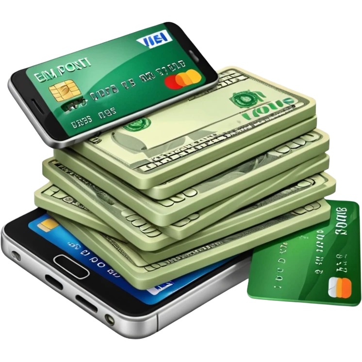 efectivo en dólares, un teléfono y unas tarjetas, todo con un estilo limpio, profesional y que transmita dinero y movimiento. emoji