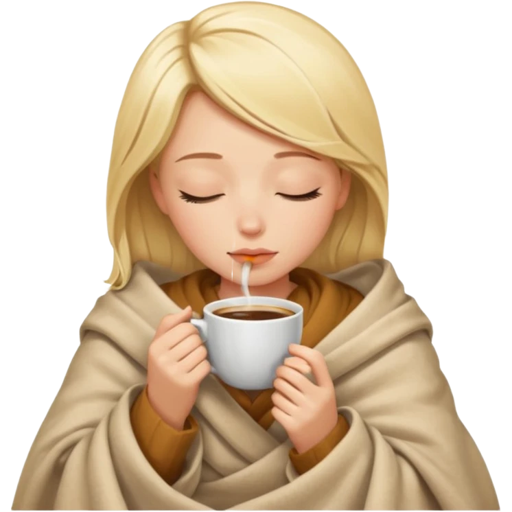 Blonde girl inside a blanket sipping coffee eyes closed emoji