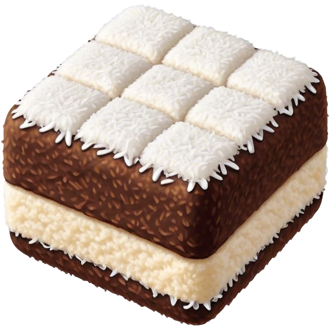 Cinematic Realistic Lamingtons Dessert Emoji, depicted as soft sponge squares coated in chocolate and coconut rendered with mouth‚Äêwatering detail and vibrant lighting. emoji