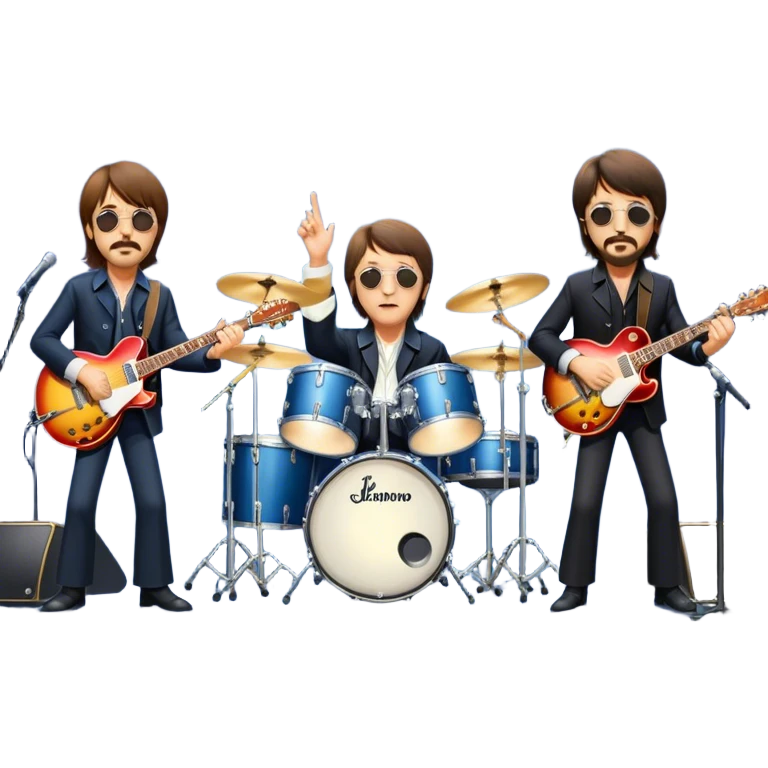Rock music icon: The Beatles performing live on stage. John Lennon with guitar, Paul McCartney with bass, George Harrison with guitar, Ringo Starr on drums. Bright lights, energetic performance. Transparent background. emoji