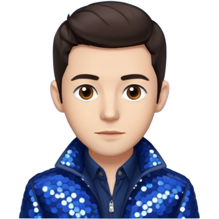 Jonathan Bailey with dark brown hair, brown eye, ivory sequin jacket, navy blue shirt emoji