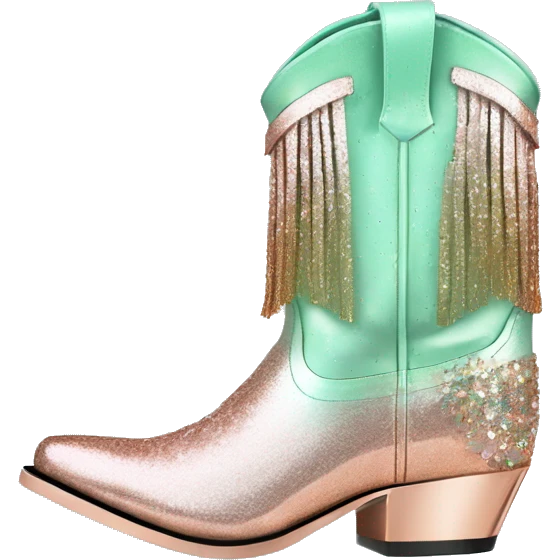Realistic rose gold and mint green ombre pair of fashion cowgirl boots with sparkly shiny glitter fringe on them. emoji