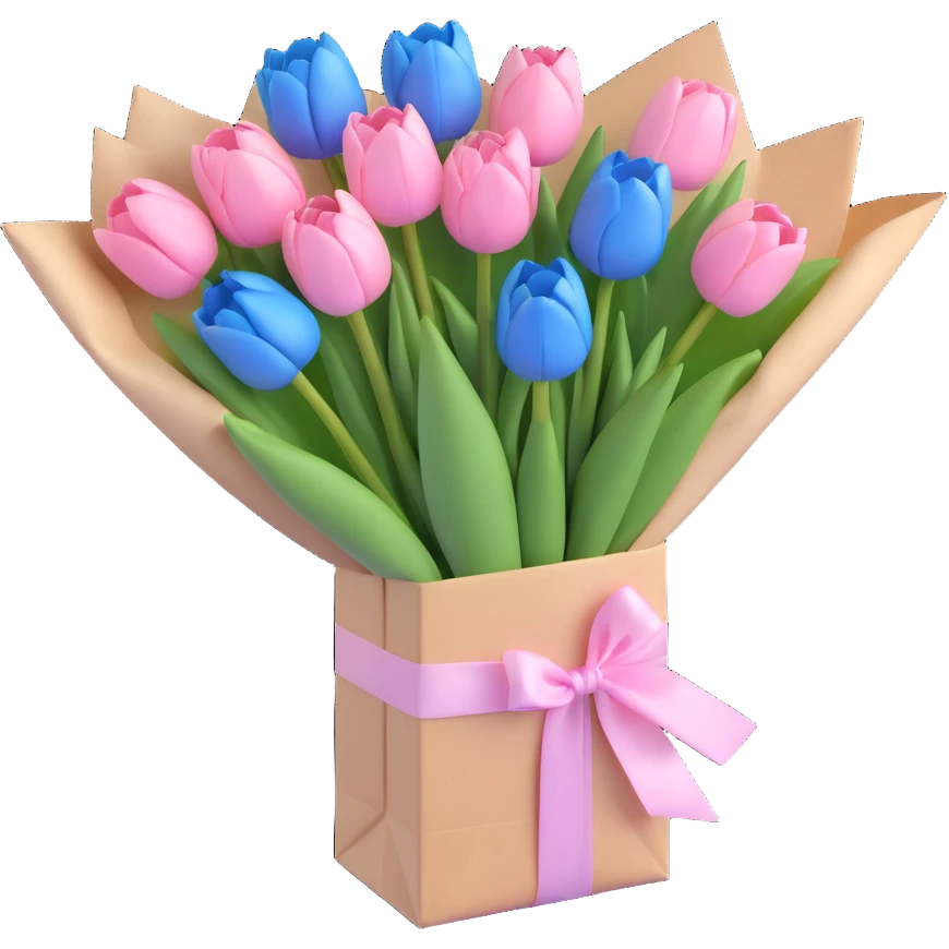 blue tulips bouquet in a crisp white paper bag, tied with a pastel pink ribbon, soft blue pastel palette, subtle shadows, minimal and clean, 3D iOS emoji style emoji