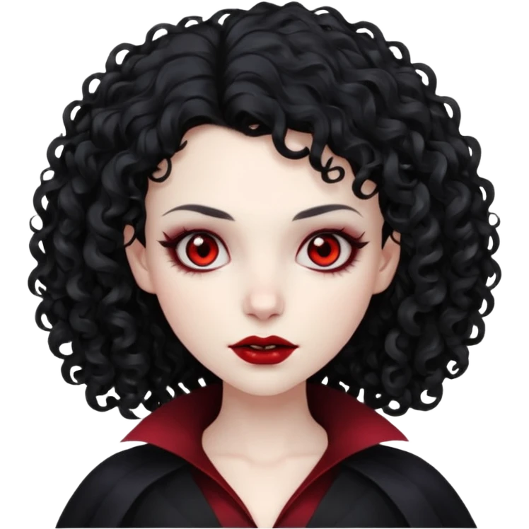 cabelos cacheados pretos, corte em camadas, pele pálida, olhos vermelhos escuros, vampiro, sexo feminino emoji