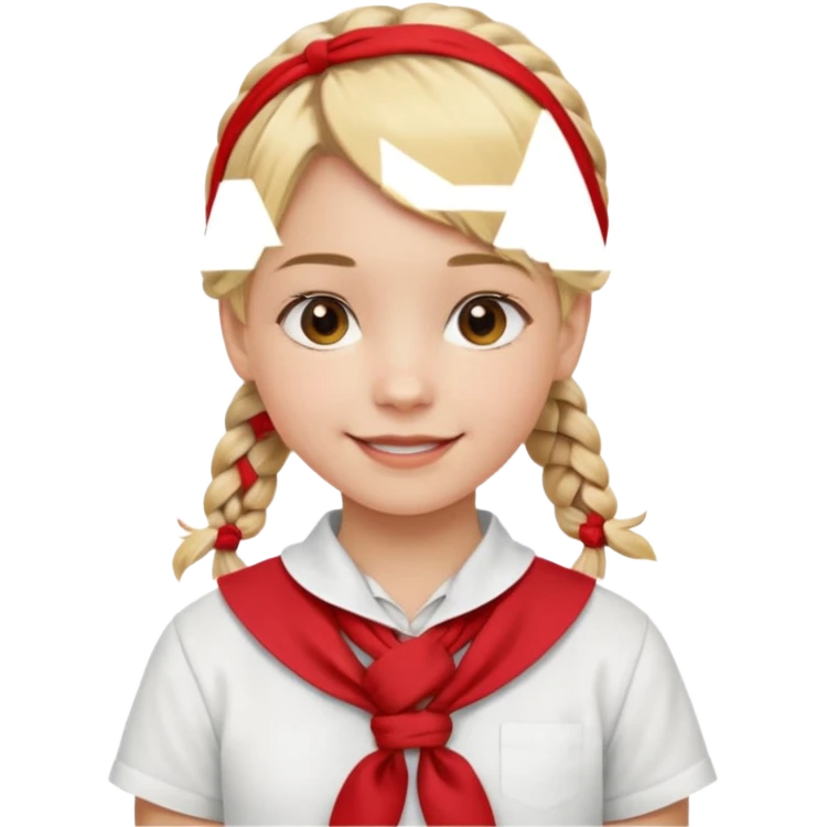 A Soviet pioneer girl emoji — smiling young girl with blonde hair tied into two short braids. She wears a white school shirt and a wide bright red pioneer neckerchief tied in a loose triangular knot at the chest (not a necktie). No suspenders, no jacket, no hat emoji