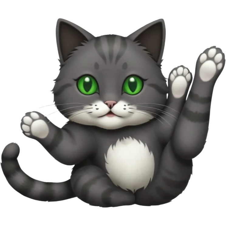 solid dark grey cat with green eyes, completely solid grey face, white toes/paws playing rolling upside down emoji