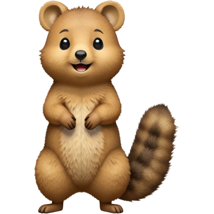 cinematic-quokka-realistic-full-body-standing on its hind legs hunched over-emoji,-small-round-frame-balanced-on-tiny-strong-hind-legs,giant fluffy cheeks large smile-fluffy-brown-fur-radiating-a-warm-softness skinny tail, ,-big-round-eyes-filled-with-joy-and-innocence,-tiny-clawed-paws-held-close-to-chest,-cheerful-smile-exuding-endearing-happiness,-simplified-yet-realistic-focused-features,-highly-detailed,-glowing-with-a-sunny-warmth, expressive eyes  emoji