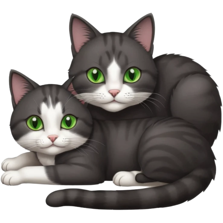 beautiful female solid dark grey cat with green eyes, white toes/paws and white patch on her chest lying down emoji