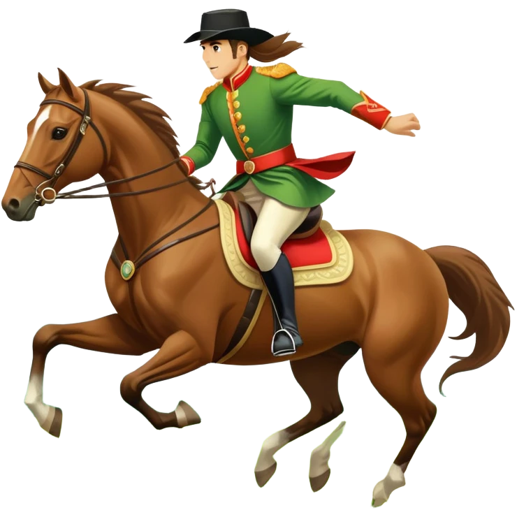 An icon showcasing a blue sky, distant mountains and a vibrant landscape. a majestic horse and rider in full gallop across a lush green field. The rider wears traditional gear, while the horse leaps with grace and power.  emoji