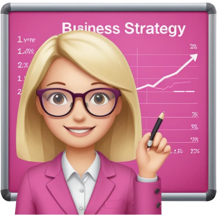 pink board with a girl writing on it and on the board there are graphs and a title "Business Strategy" emoji
