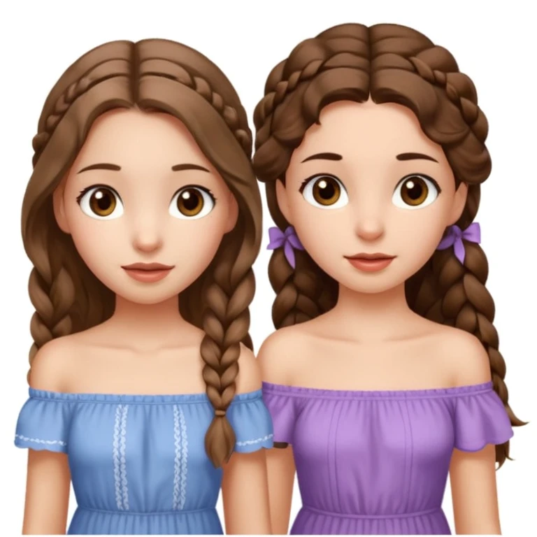 Two girls. The first one is very tall, has mid length brown very wavy hair, full lips, hazel eyes, wearing a cute off shoulder summer dress, she is also thin. The other one, quite shorter, long brown straight hair in one braid, hazel eyes. She is athletic a little bit.  emoji