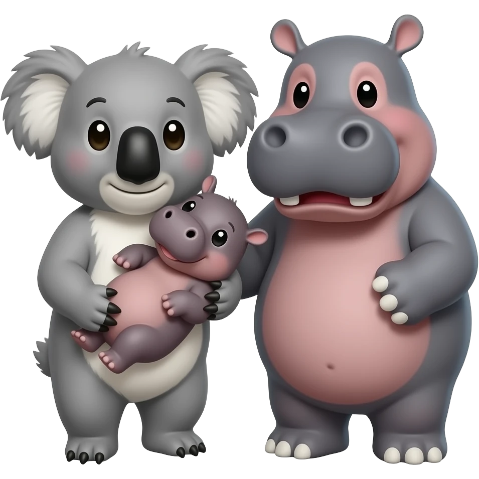 Koala and hippo holding their baby hippo Together in both of their arms emoji emoji
