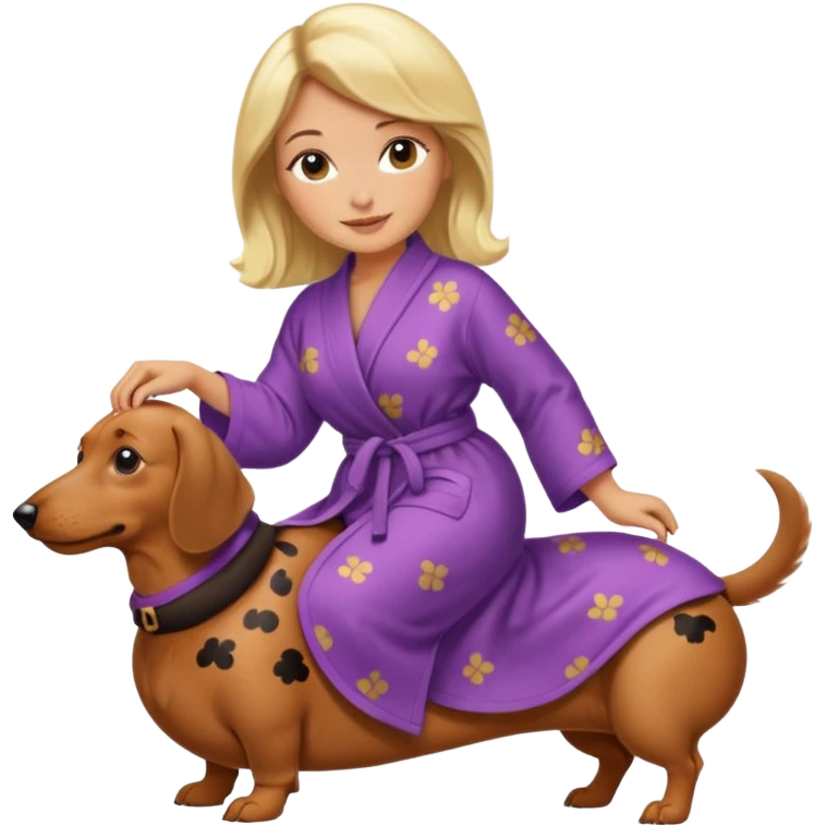 A blonde curvy woman riding on top of a dachshund wearing a robe emoji