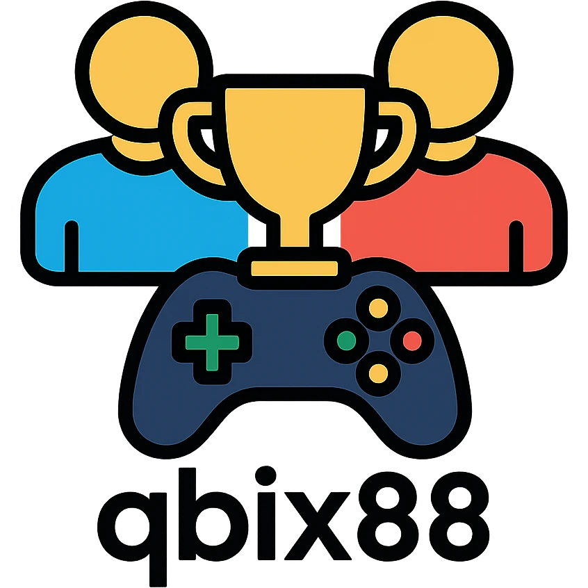 Gaming platform icon for 'qbix88' with players, trophy, and controller emoji