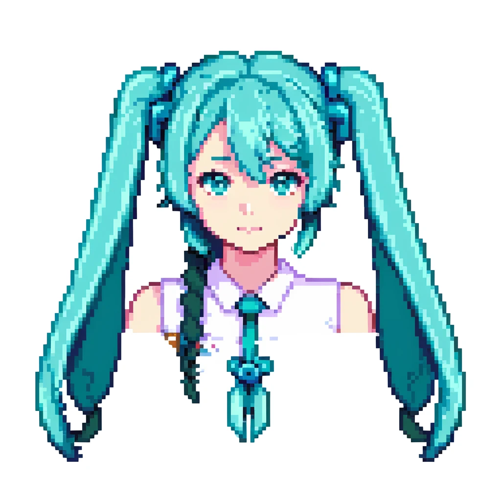 Hatsune Miku with teal twin-tails, anime character in pixel art style emoji