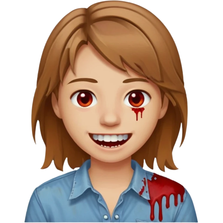 парень с русыми волосами средней длины; белая кожа; белые глаза; открытая улыбка, окровавленные зубы; emoji